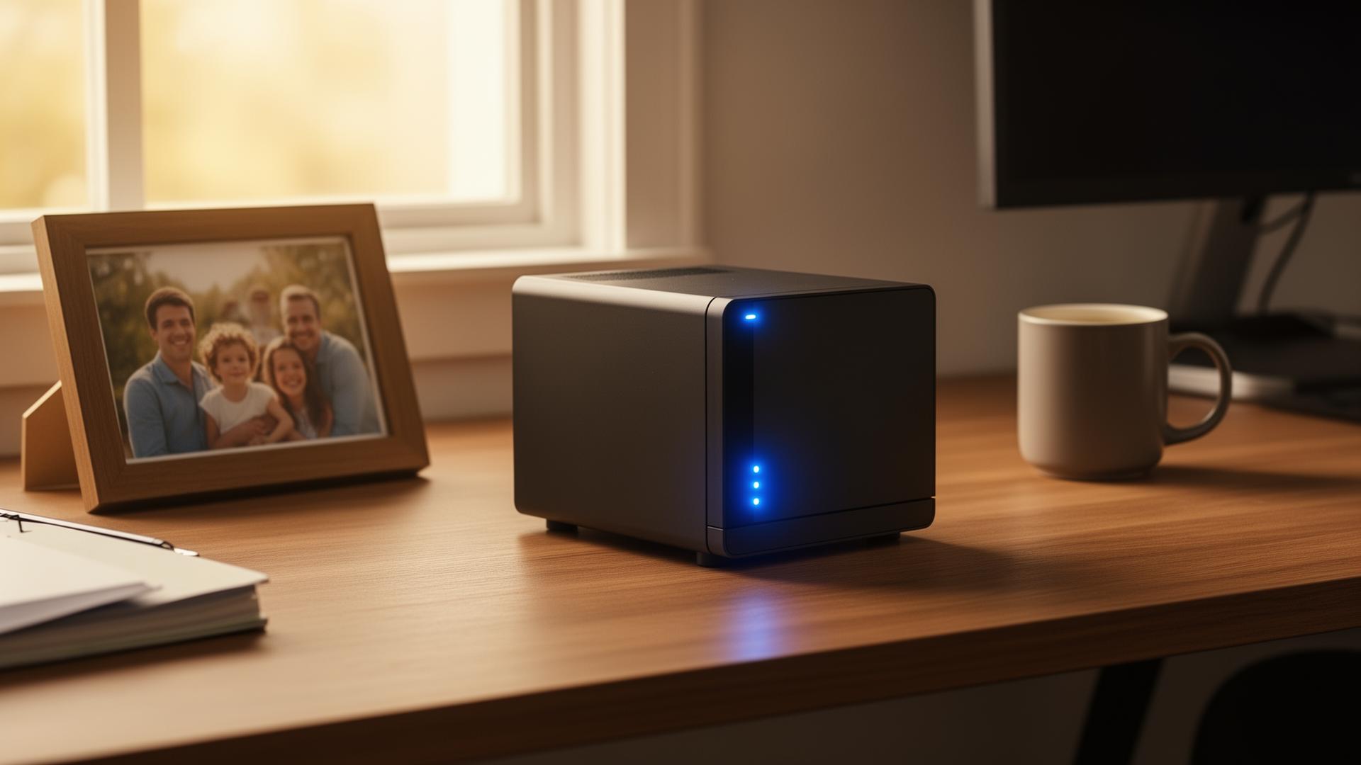 A sleek NAS device on a home desk, keeping your data safe and local